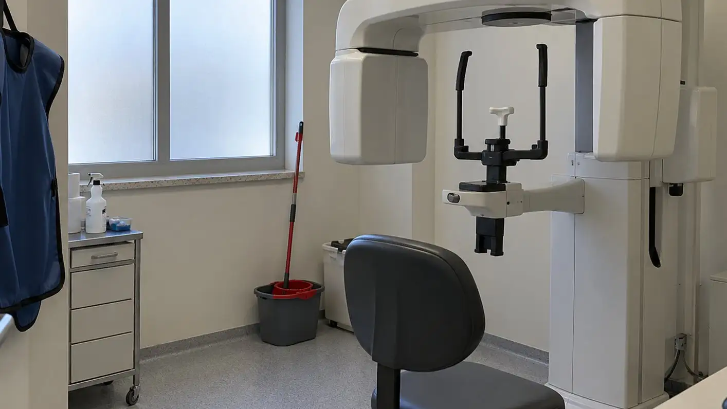 An empty hospital radiology room with a cone-beam CT scanner and its chin rest.